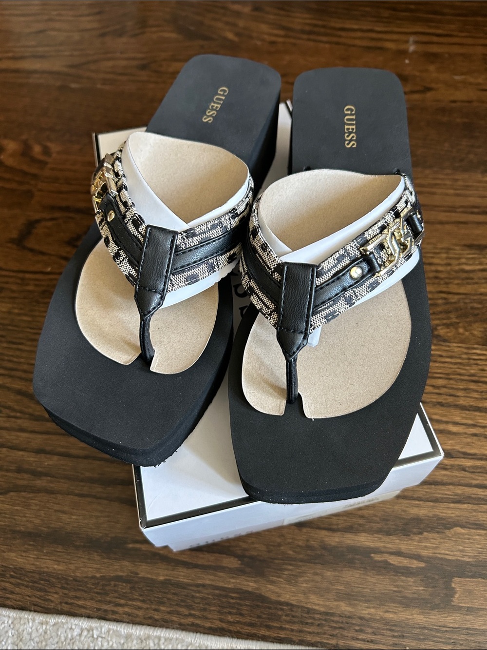 GUESS Embellished Thong Wedge Sandals
